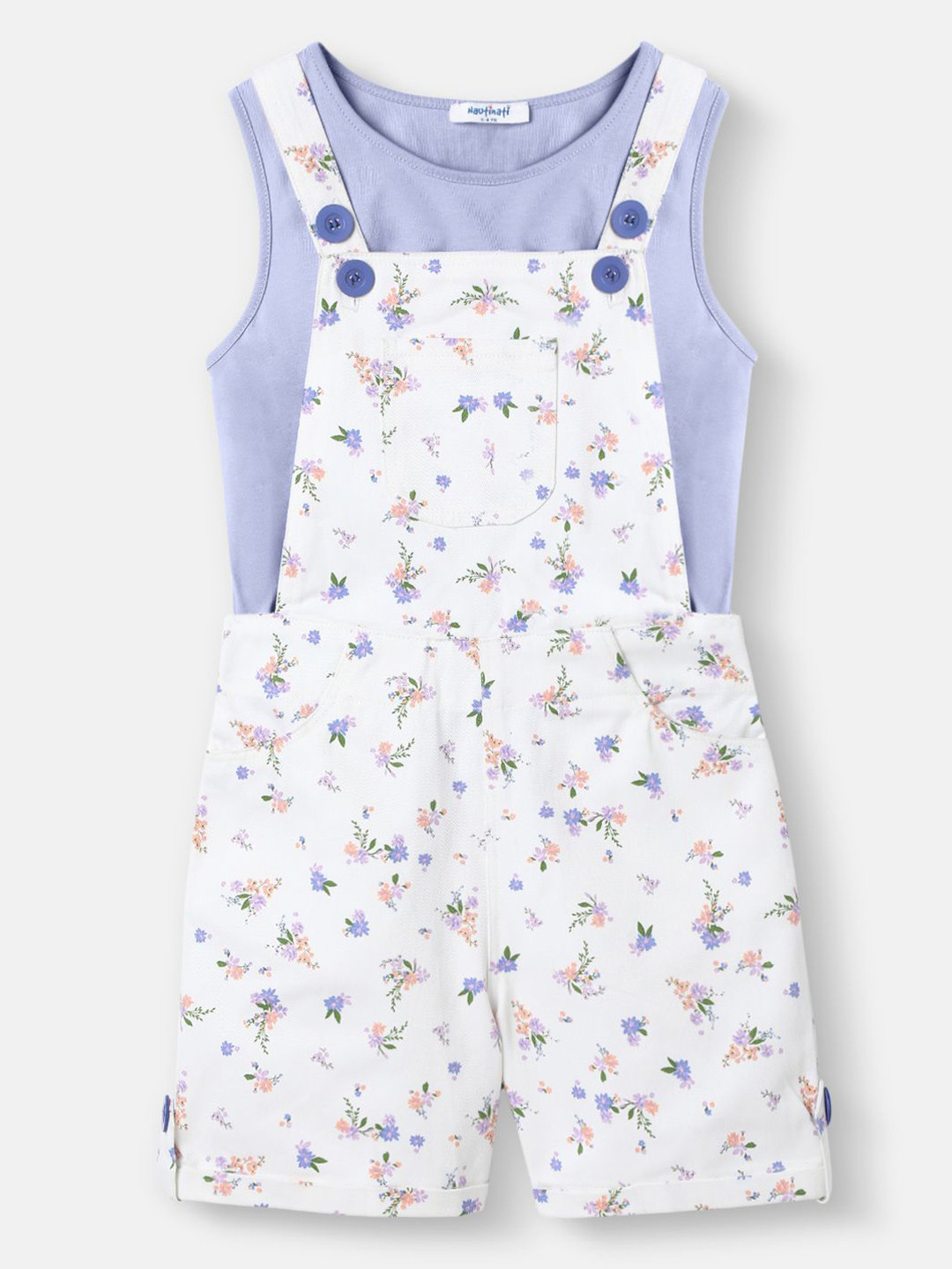 Nauti Nati Girls Printed Cotton Kangaroo Pouch Pocket Dungaree With T-Shirt