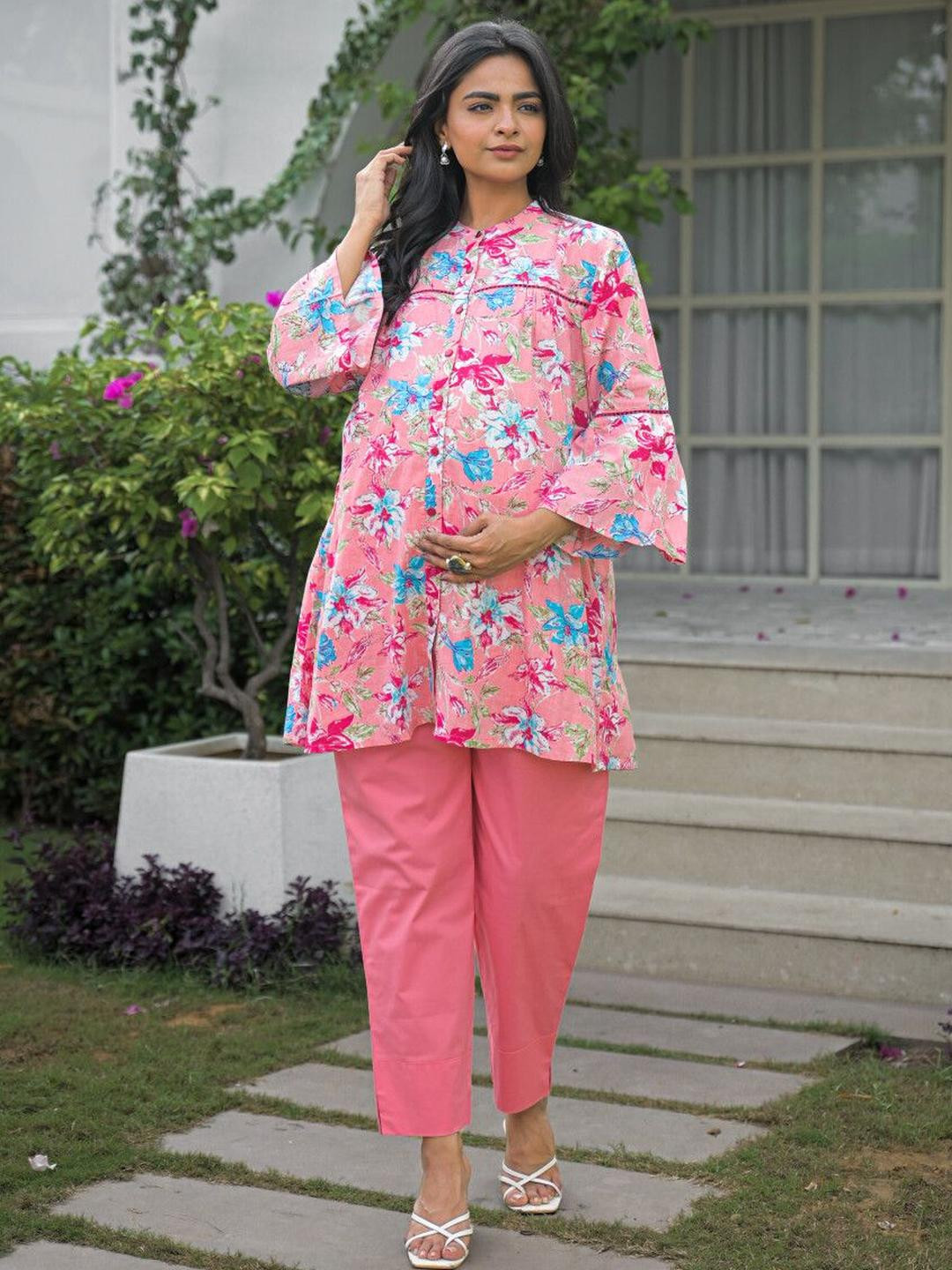 Aujjessa Pink Multi Cotton Maternity Feeding Top