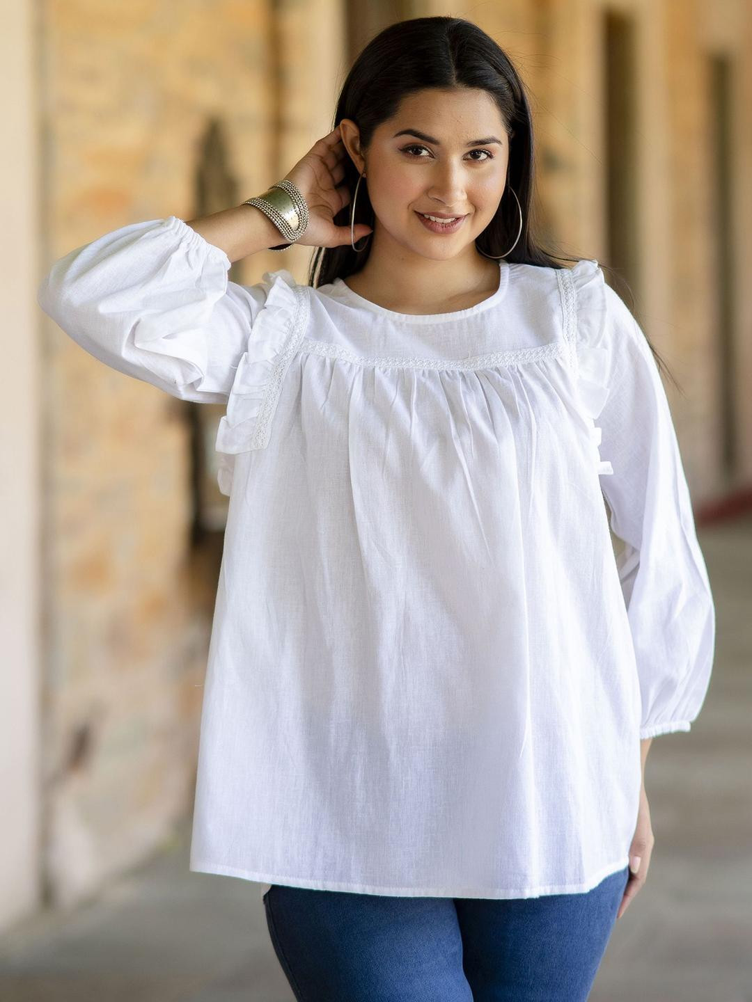KEIYONA Women Puff Sleeve Cotton Top With Ruffles Details