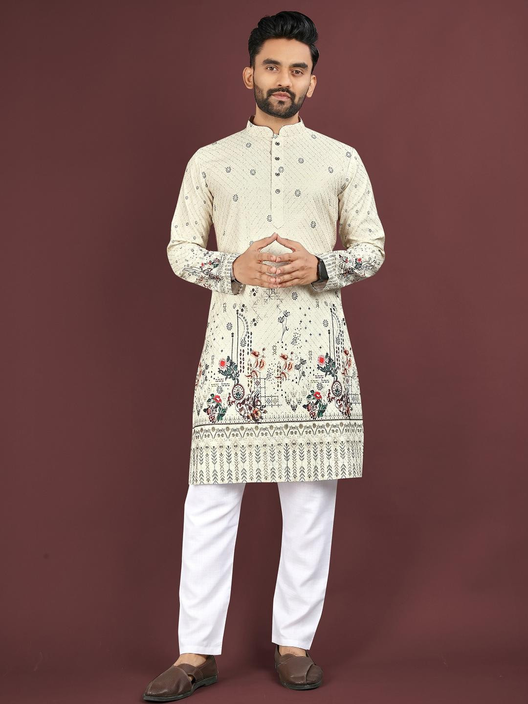 Leipzig Fashion Men Cream Floral Kurta