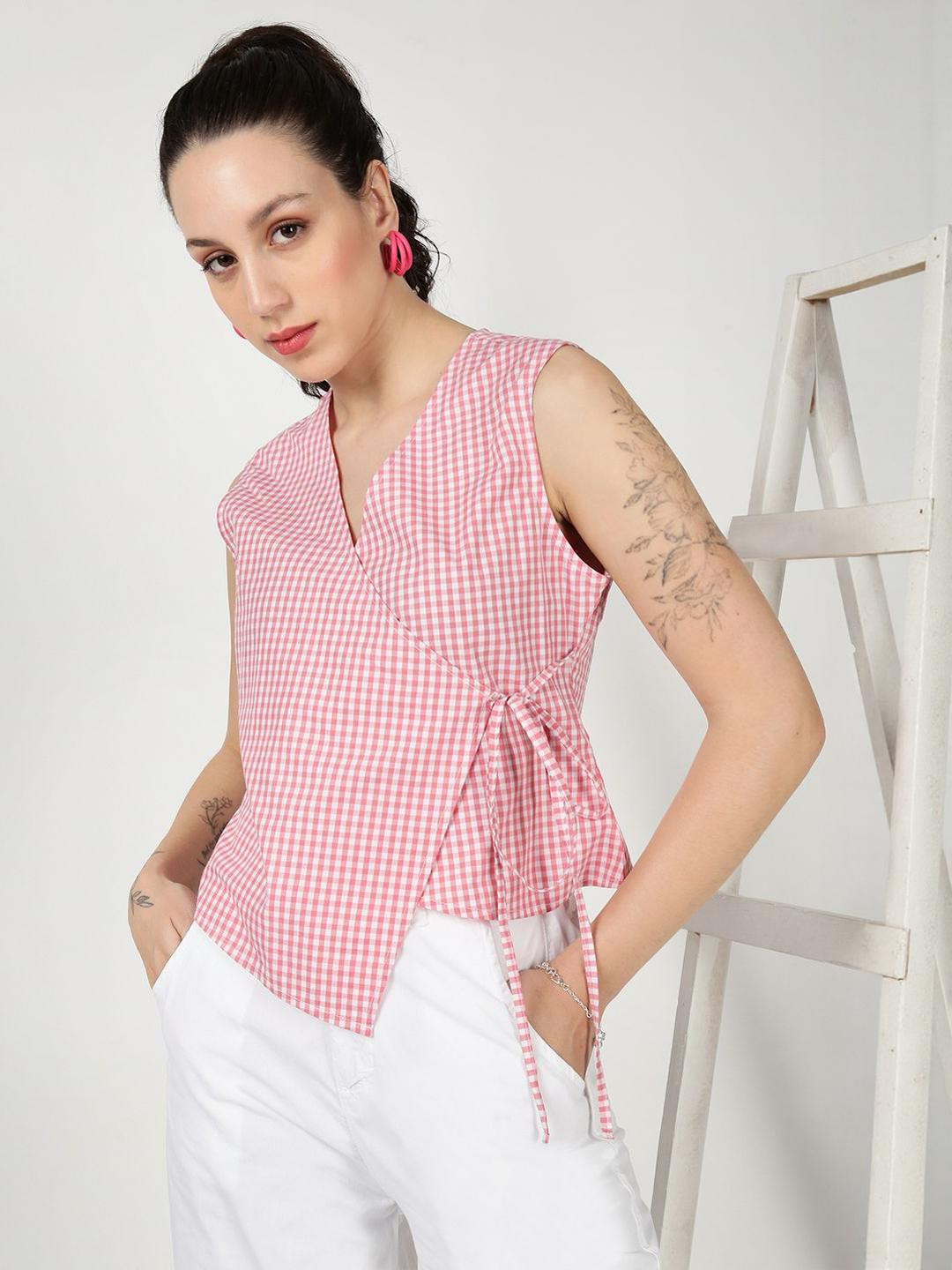Bene Kleed Women Overlap Checked Top with Side Knot