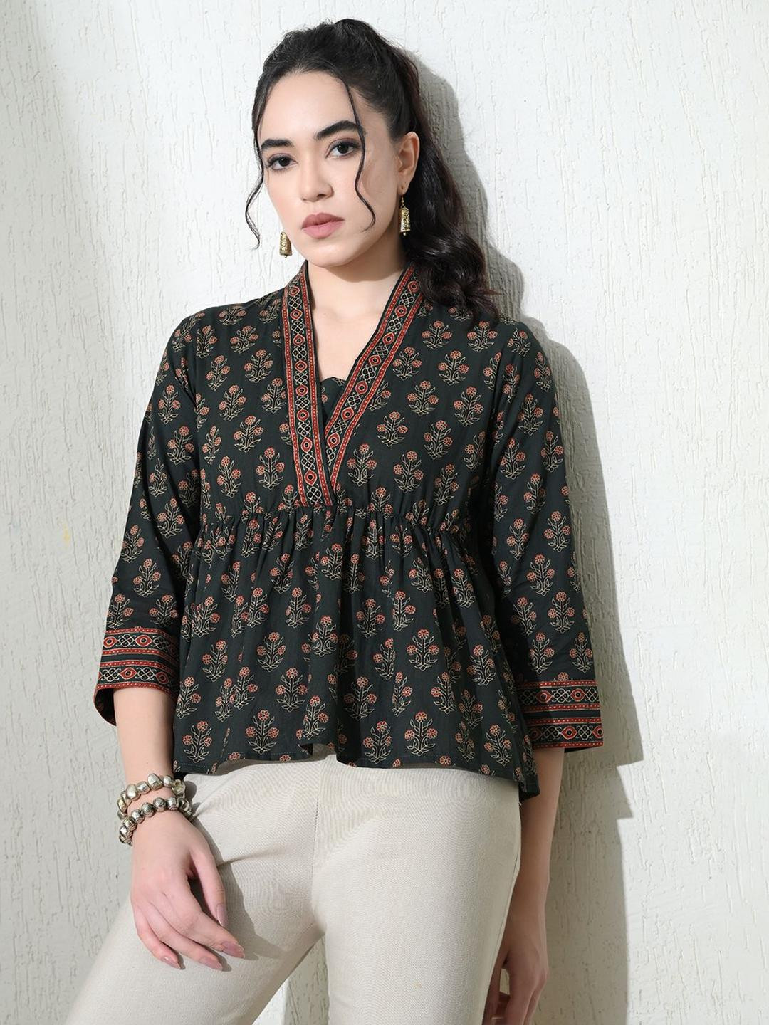 KALAMIR Floral Printed V-Neck Pure Cotton Peplum Top