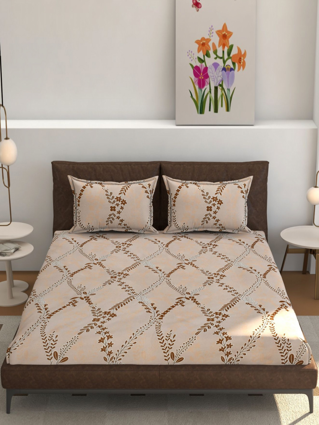 Florida Matrix Peach-Coloured Floral 180 TC Fitted Super King Bedsheet Set-1.98mx1.82m