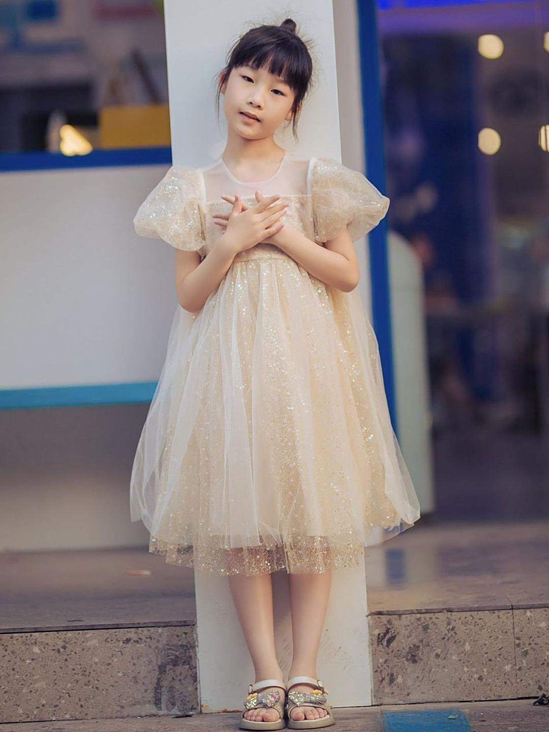 LULU & SKY Girls Embellished Puff Sleeves Empire Midi Dress With Tulle Details