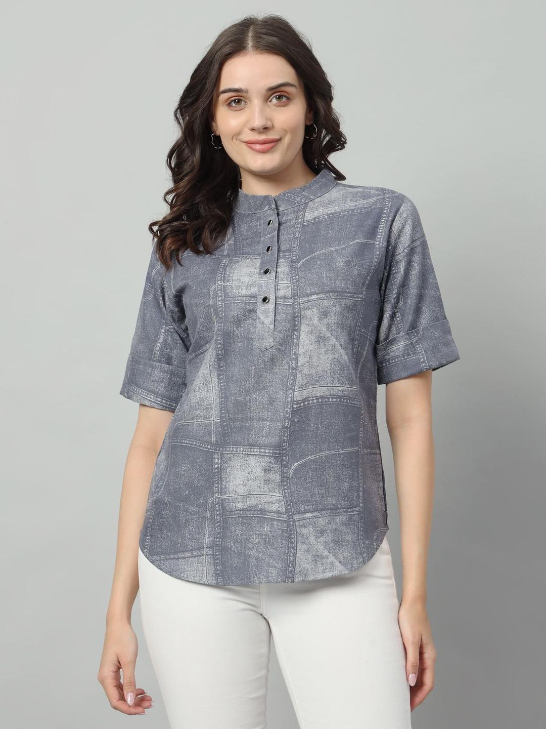 NATURE CRAFT Women Printed Mandarin Collar Cotton Casual Top