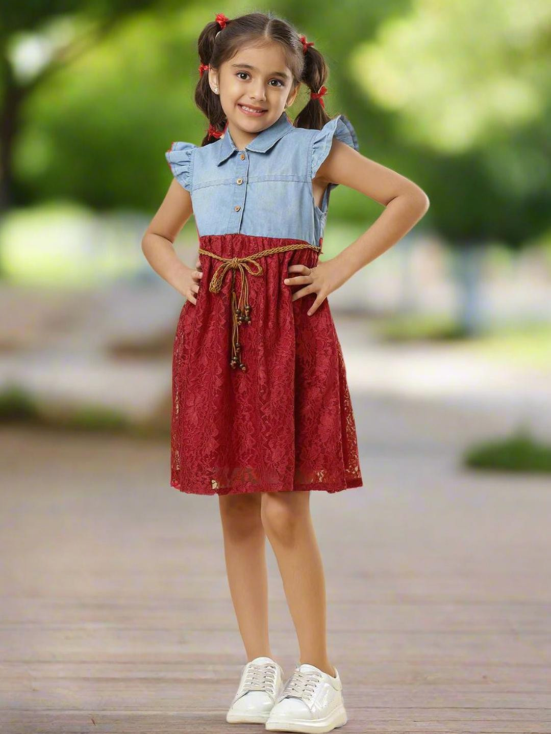 TeenTrums Girls Floral Denim Fit & Flare Dress