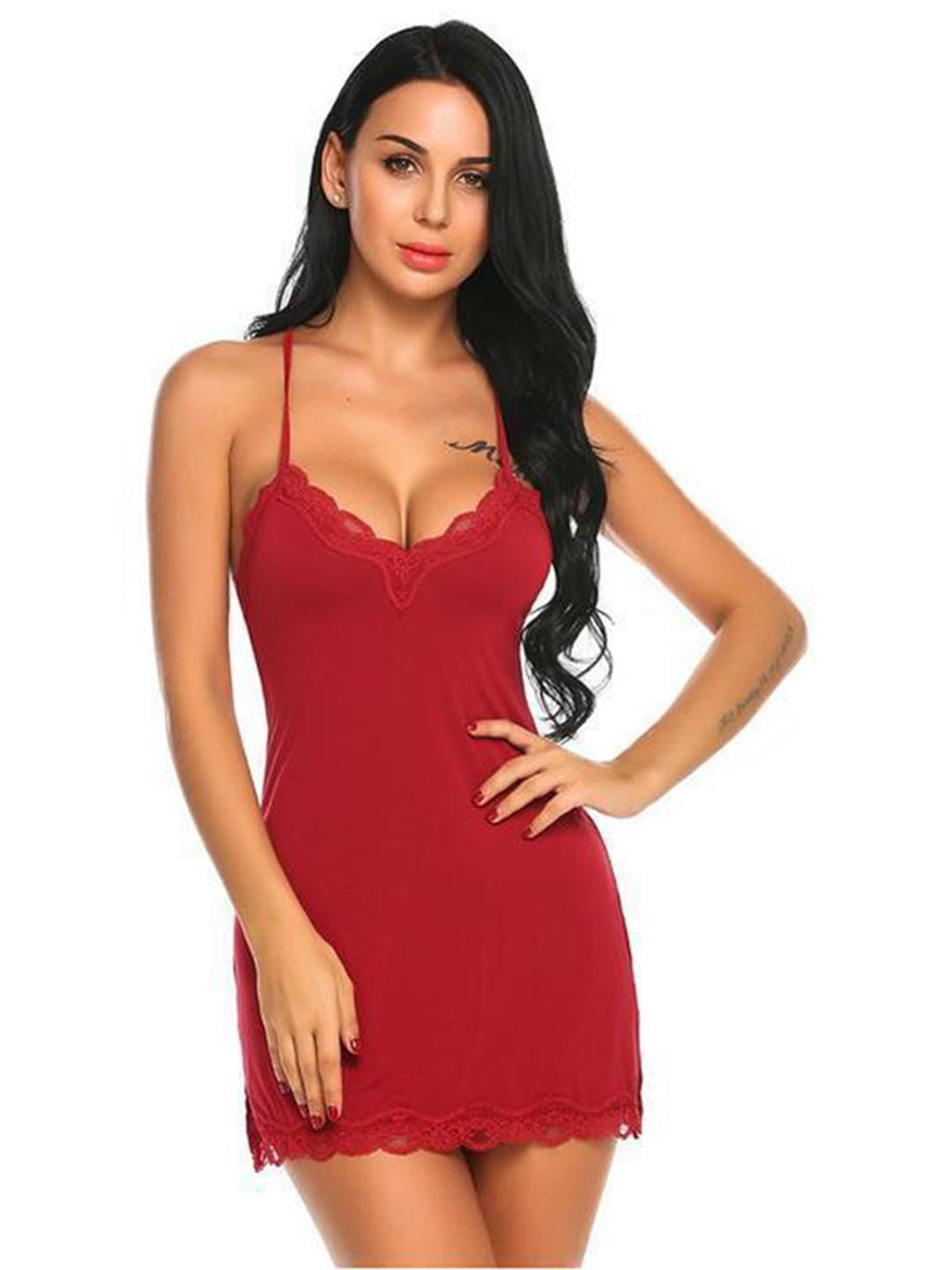 Ucollection Women Red Solid V-Neck Baby Doll Nightdress with Lace Trim
