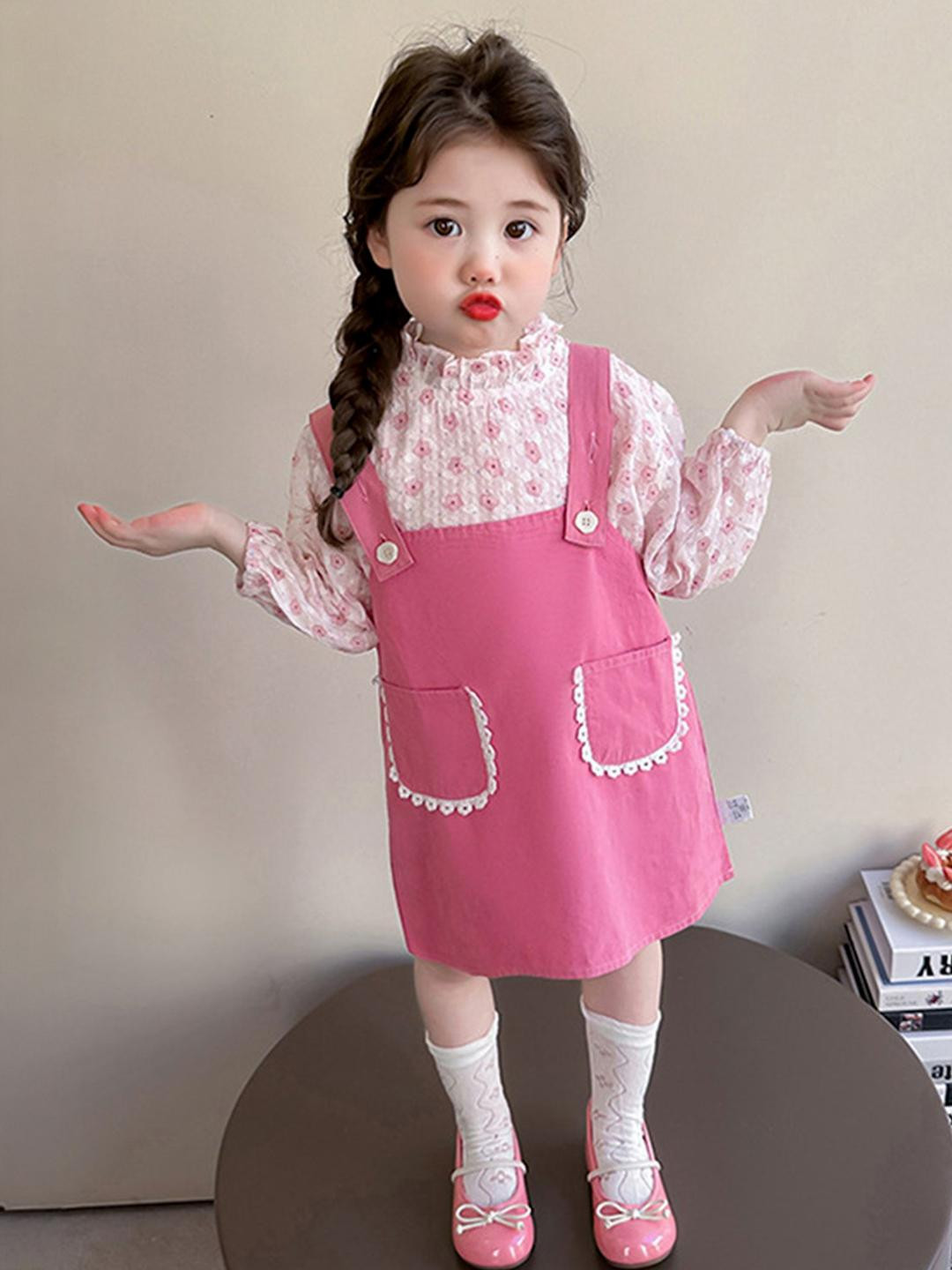 LULU & SKY Girls Shoulder Straps Pinafore Dress With Floral Printed  Blouse