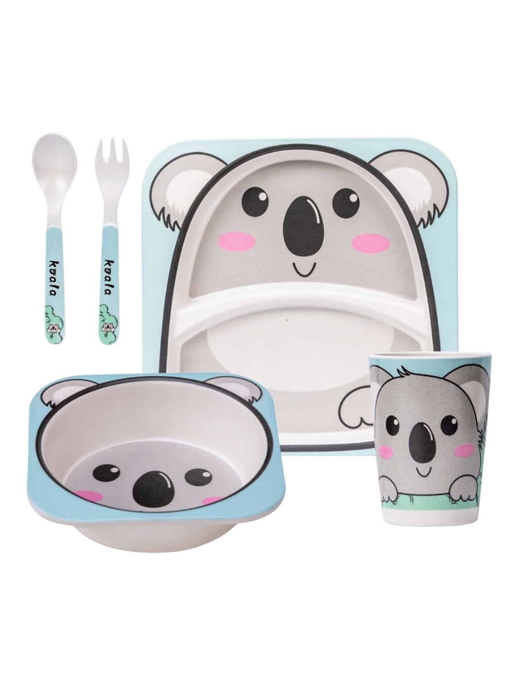 Adore Kids 5Pcs Blue & Grey Printed Bamboo Baby Utensils Set
