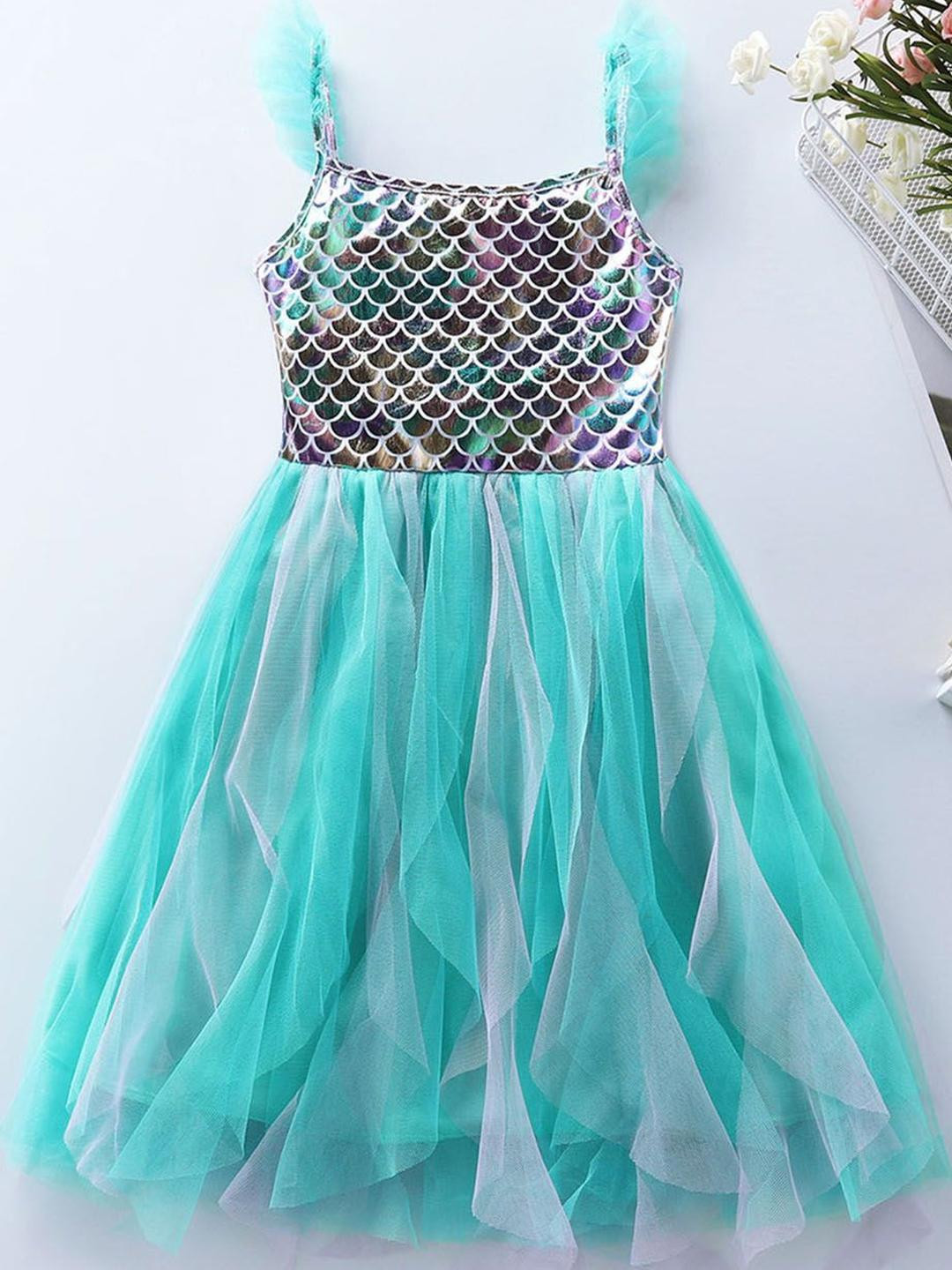 INCLUD Girls Embellished Shoulder Straps Flutter Sleeves Tulle Ruffles Fit & Flare Dress