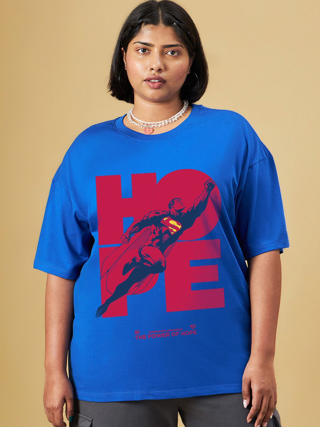 Bewakoof Plus Women Superman Superhero Printed Round Neck Pure Cotton Oversized T-shirt