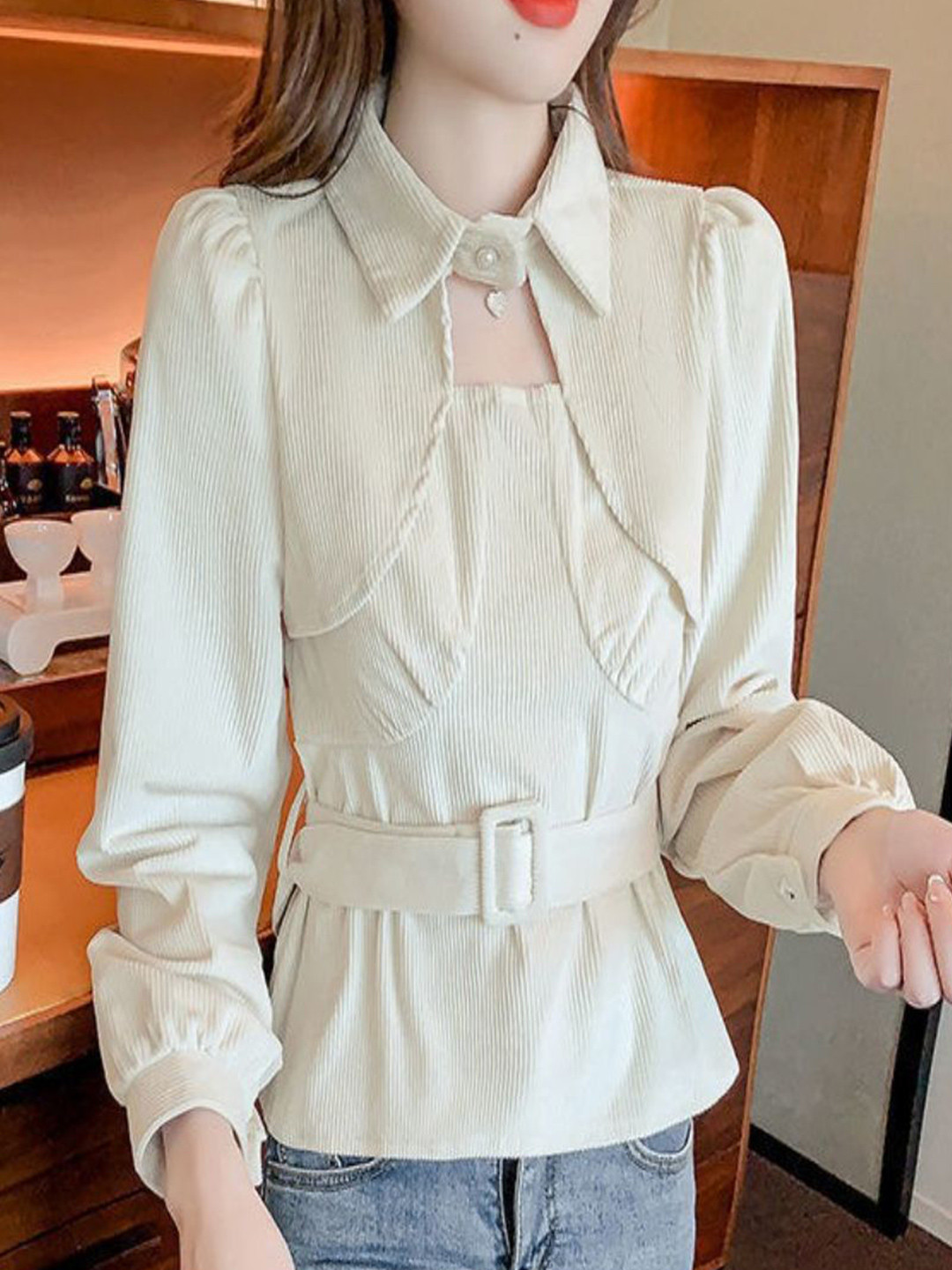 StyleCast Striped Slim Fit Corduroy Belted Shirt With Cut-Out Detail