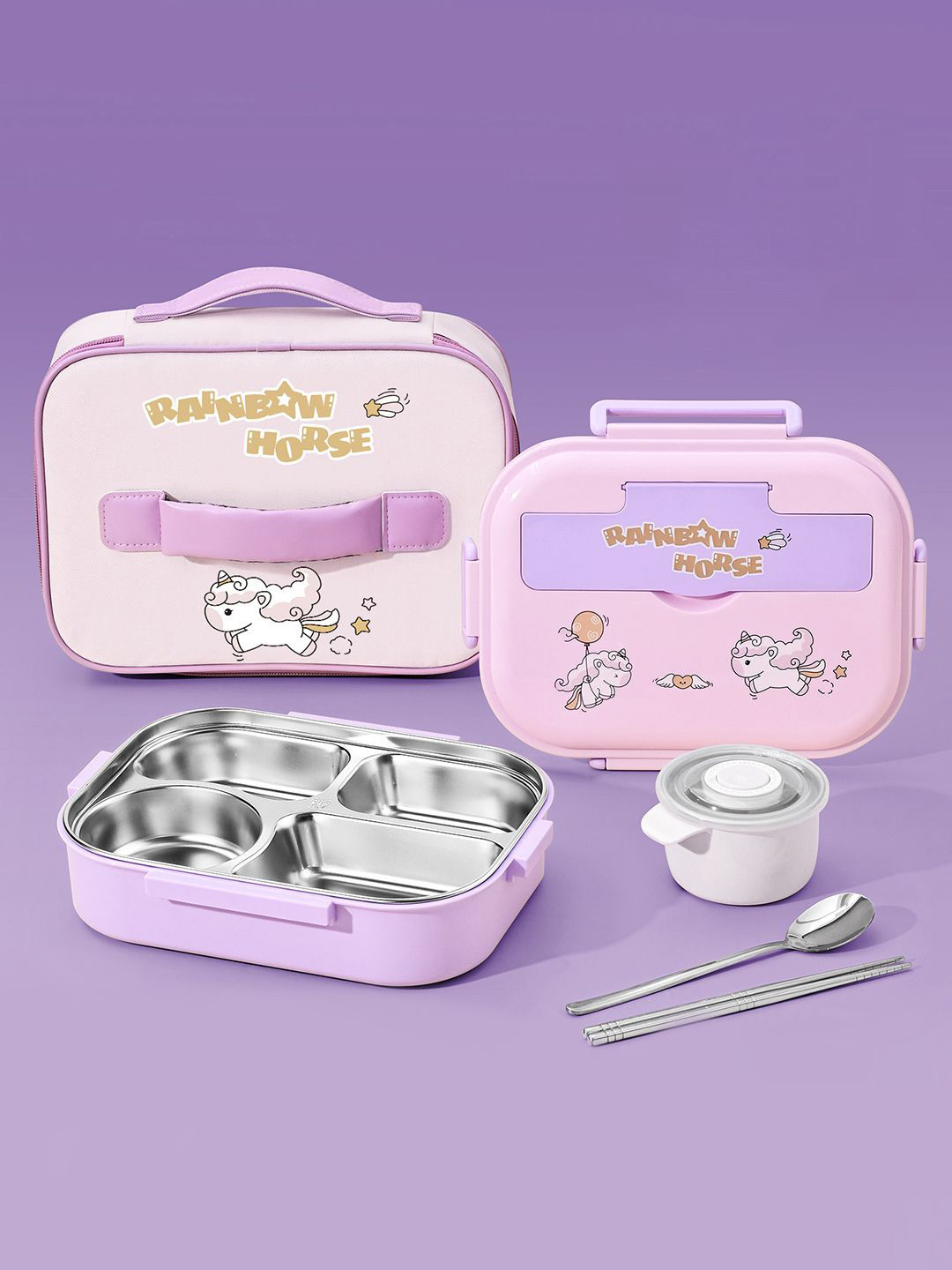 Little Surprise Box LLP Purple Rainbow Horse Stainless Steel Lunch Box with Lunch Bag