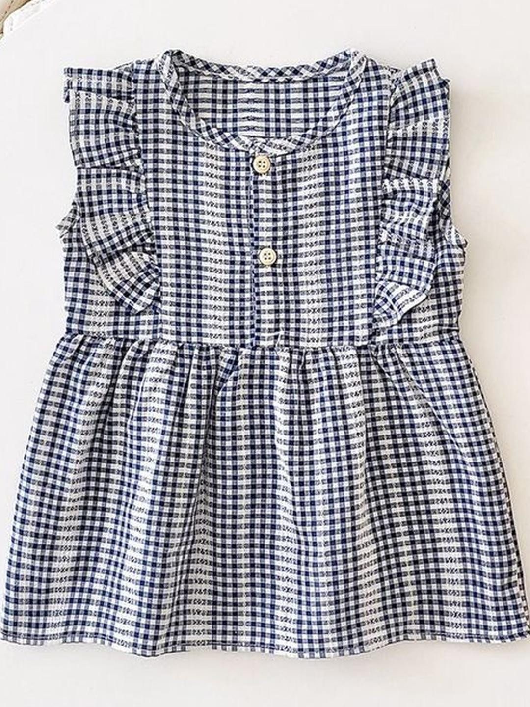 LULU & SKY Girls Gingham Checked Cotton Crew Neck A-Line Dress