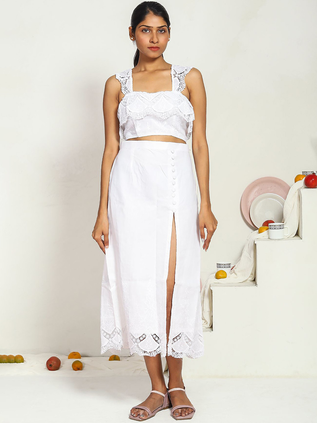 AKANYA Self Design Pure Cotton Top With Skirt Co-Ords