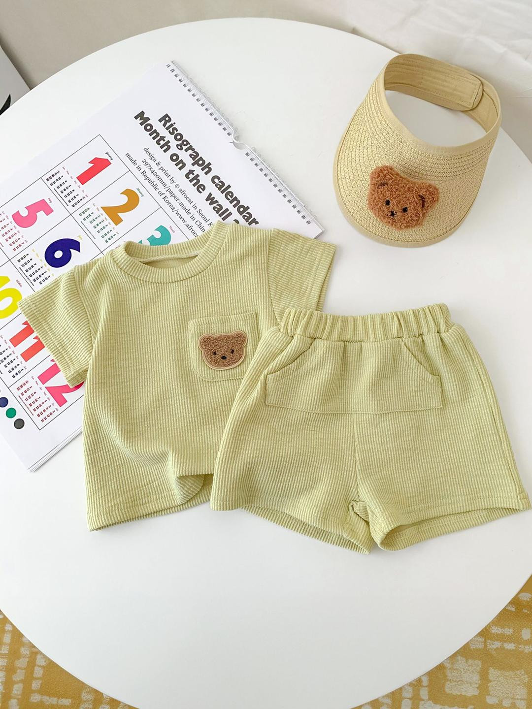 LULU & SKY Girls Self Design Round Neck Pure Cotton Patch-pocketed Top With Shorts