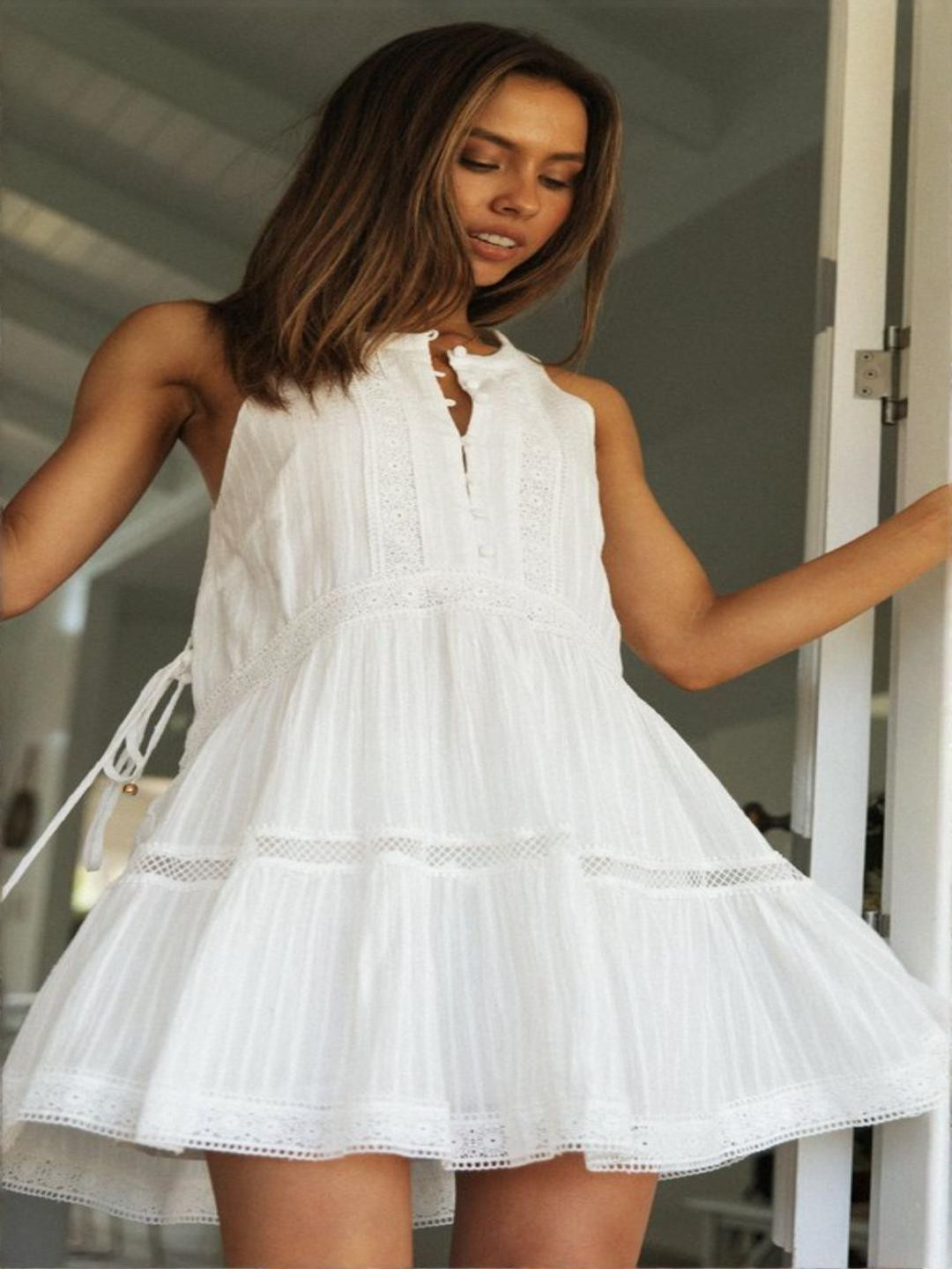 StyleCast Women Solid Lace Insert A-Line Mini Dress