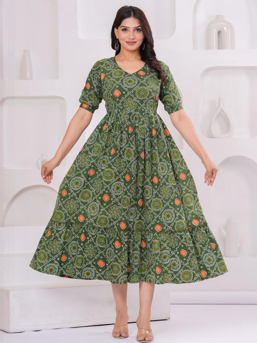 NITVAN Women Bandhani Printed Block Print Maternity Cotton A-Line Kurta