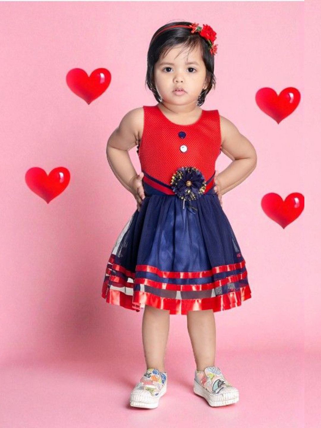 NEW GEN Girls Self Design Round Neck Fit & Flare Bow Dress