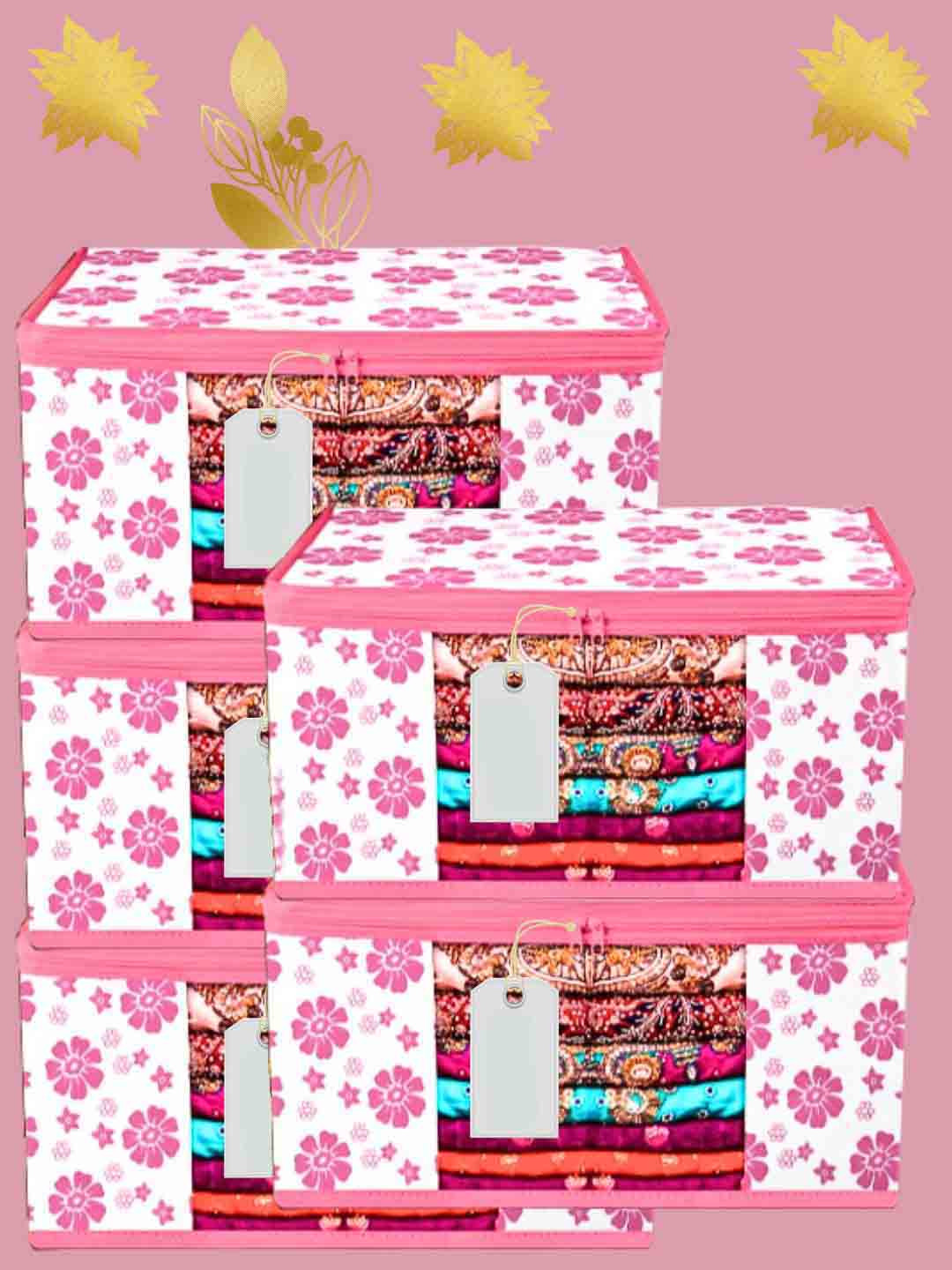 Ajabh Pink & White 5 Pieces Floral Printed Multi-Utility Organisers