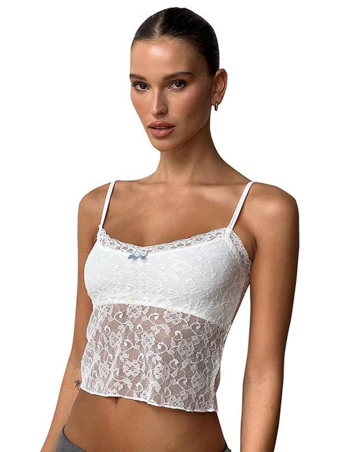 Outzidr White Lace Crop Bralette Top with Scoop Neck