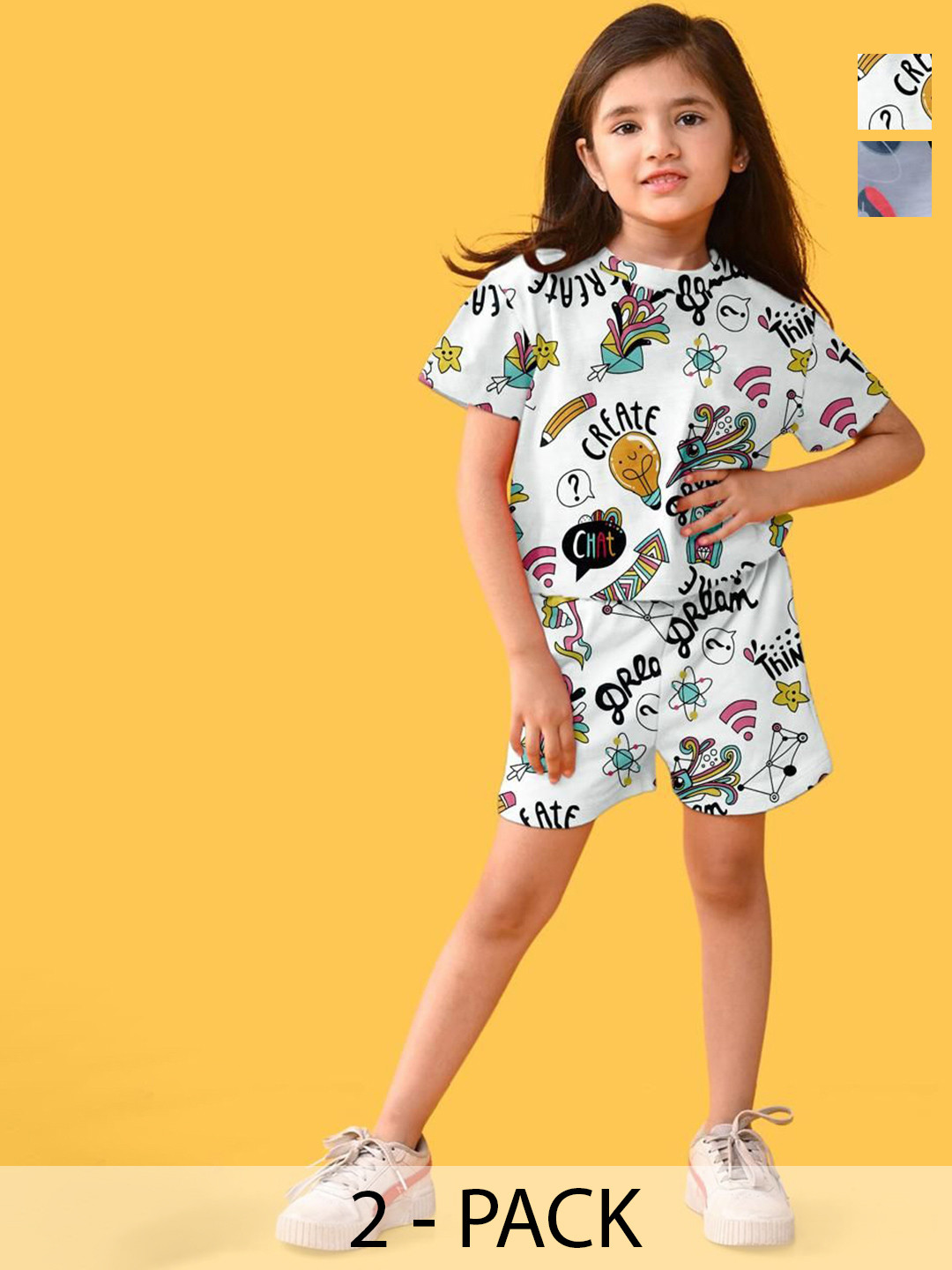 FEBVIBE Girls Pack Of 2 Abstract Printed T-shirts With Shorts