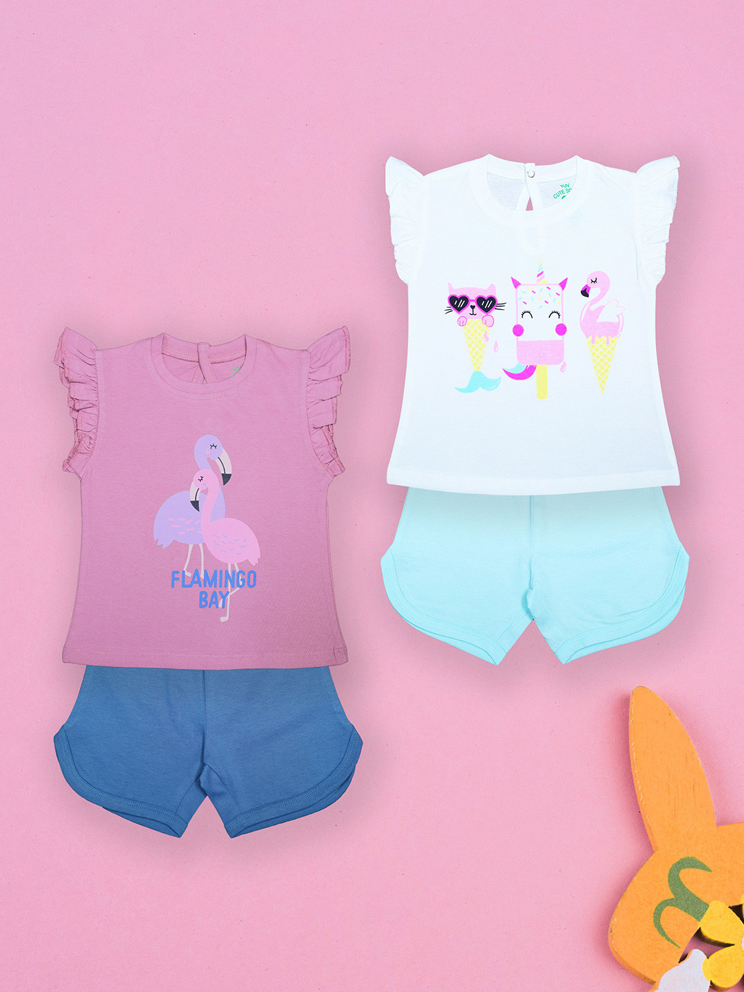 YUV Girls Pack Of 2 Animal Graphic Printed Round Neck Pure Cotton T-shirts With Shorts