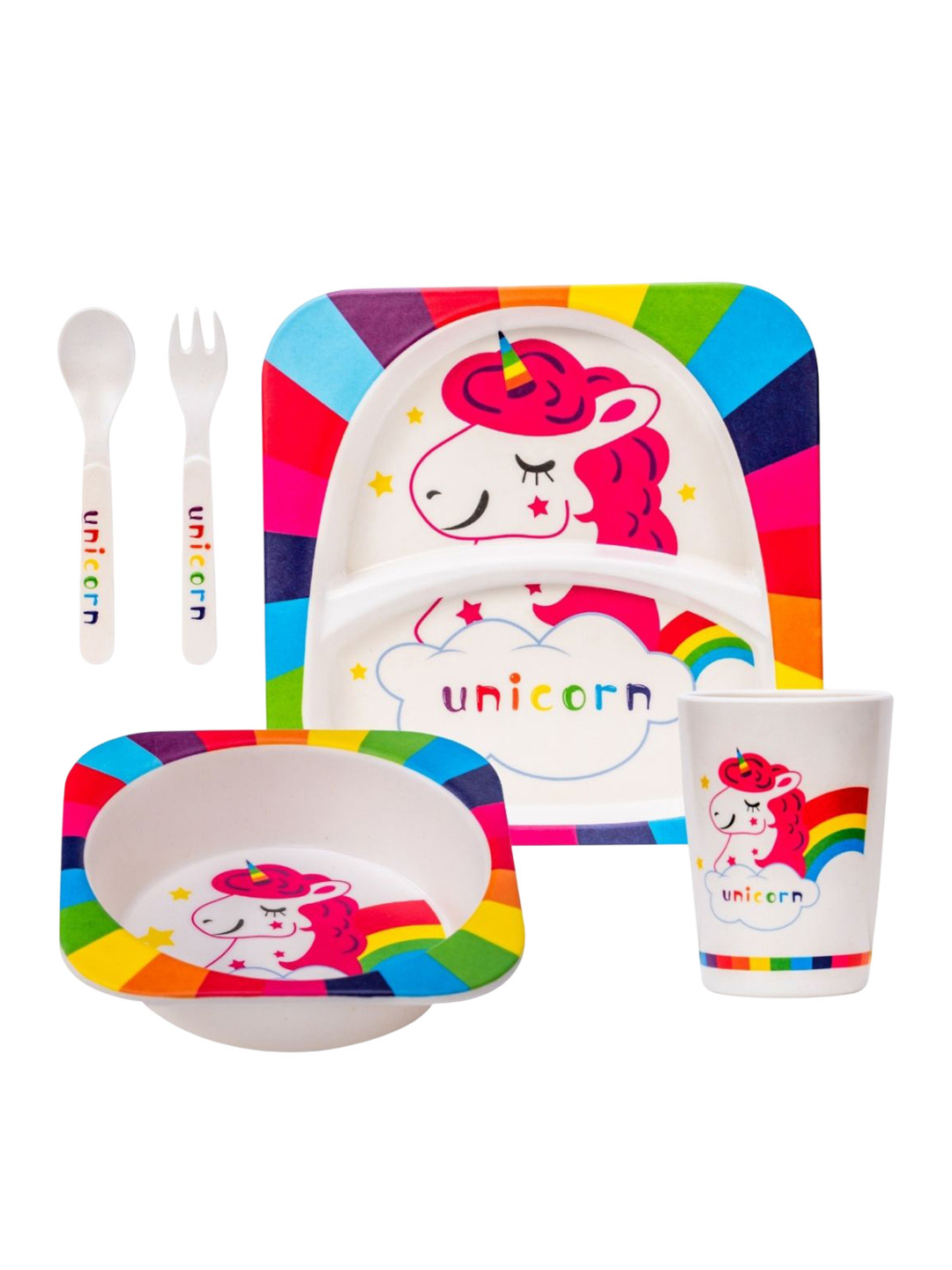 Adore Kids 5Pcs Pink & White Printed Bamboo Baby Utensils Set