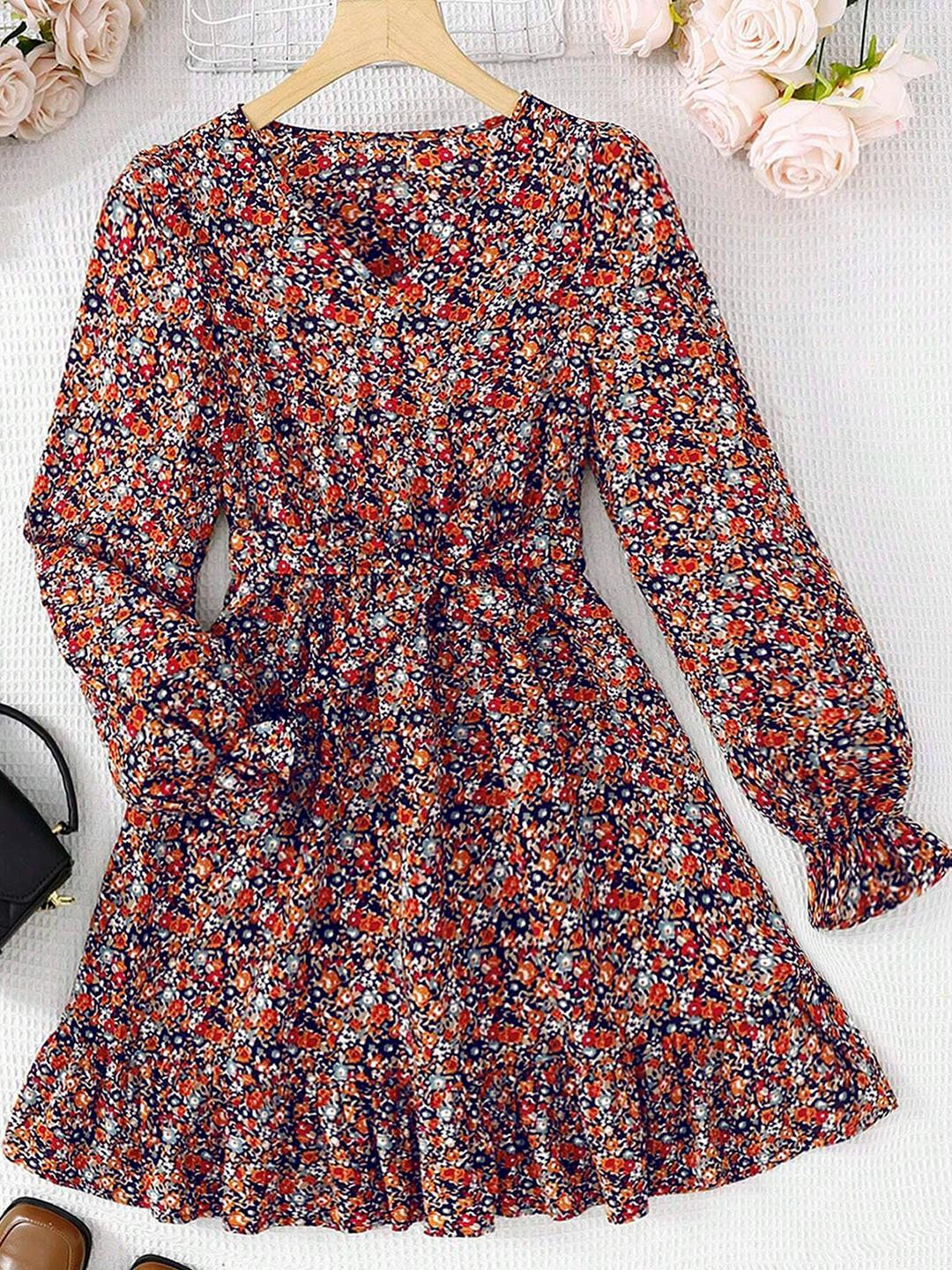 OMPAX Girls Multicolour Floral Printed Fit & Flare Dress