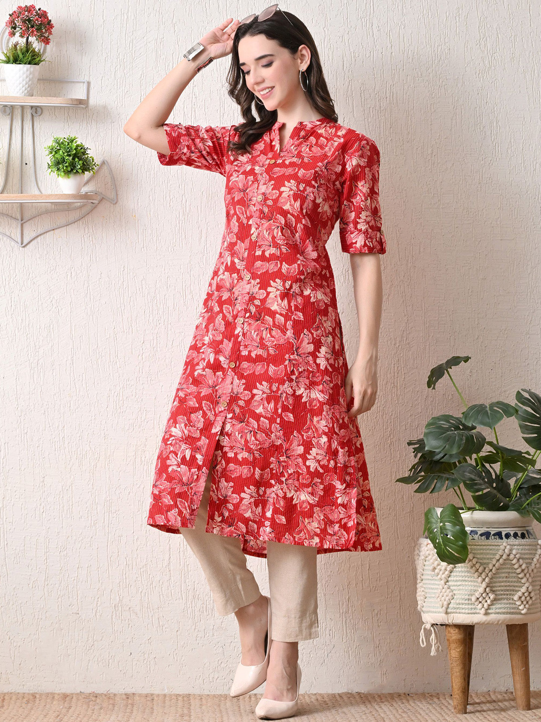 NUNCHII Floral Printed Mandarin Collar A-Line Kurta