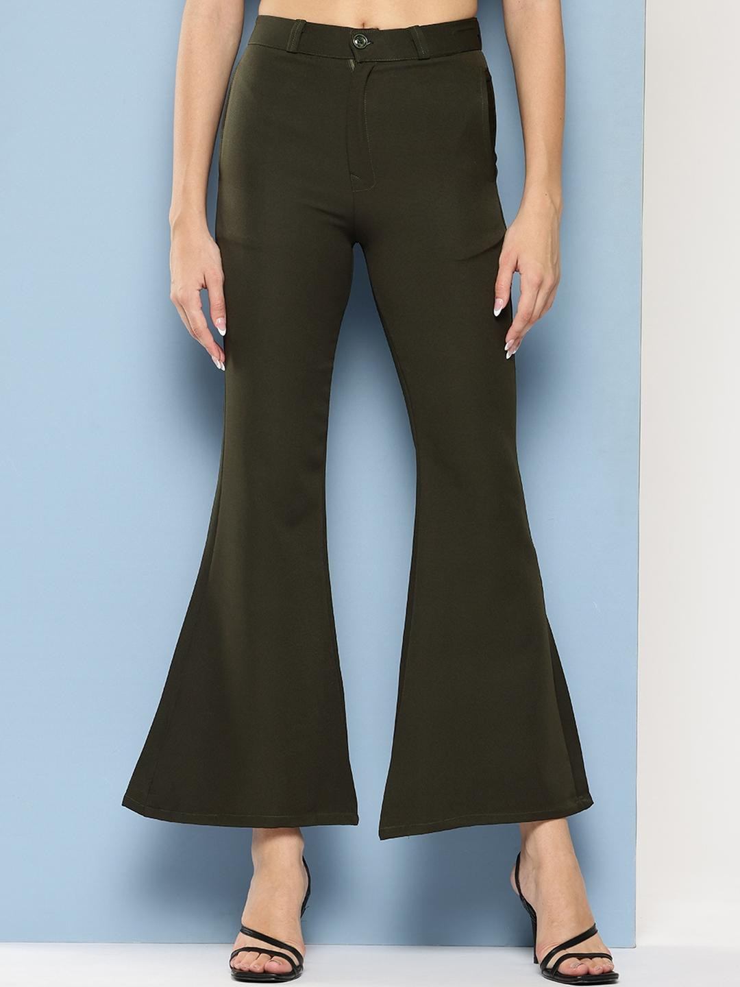 Girls Casual Wear Dark Green Colour Solid Crepe Pant