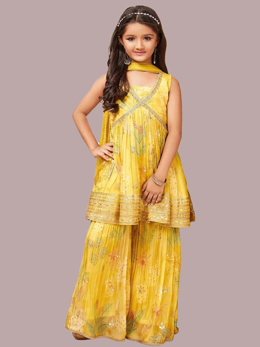 White Button Girls Yellow Silk Blend Clothing Set