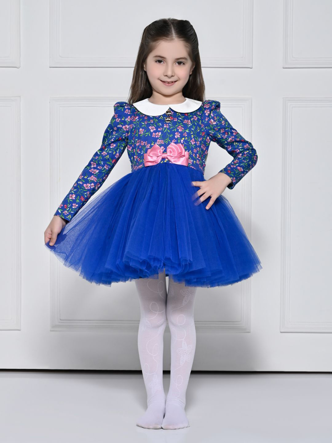 THE PONY & PEONY CO. Girls Royal Blue Vintage Love Peter Pan Collar Fit & Flare Dress