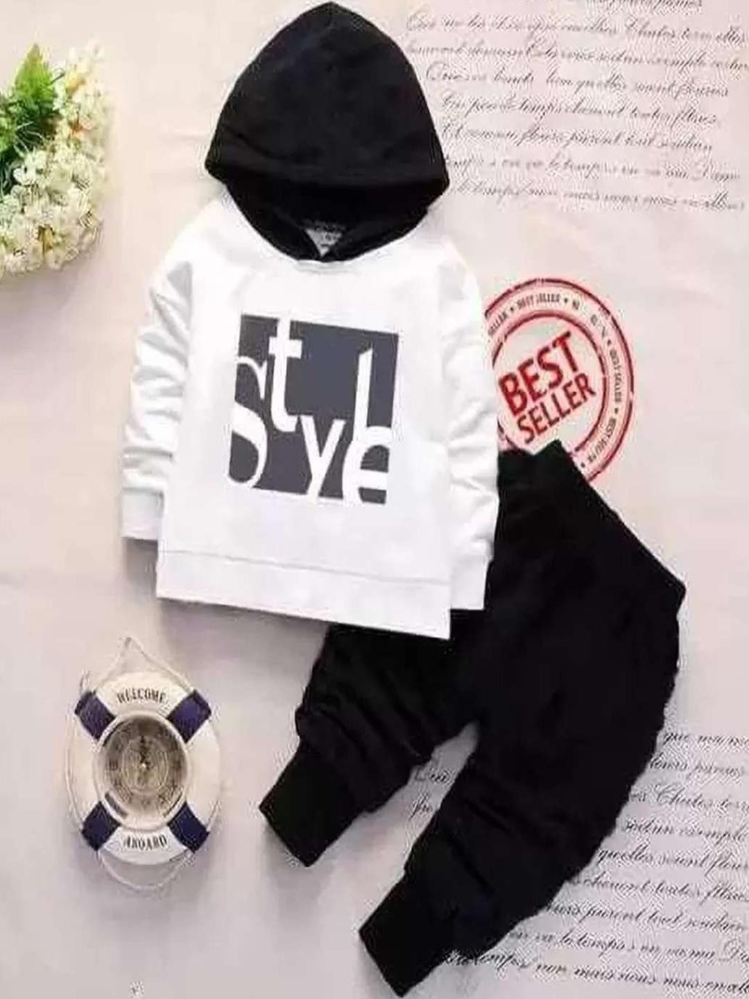 CUTEVIBE White & Black Printed Hooded T-shirt with Track Pants
