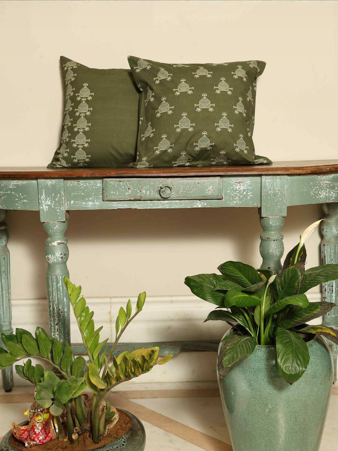 Crown of Poppies Sacred Geometry Pack of 2 Olive Rajasthani Mandana Series Cushion Covers