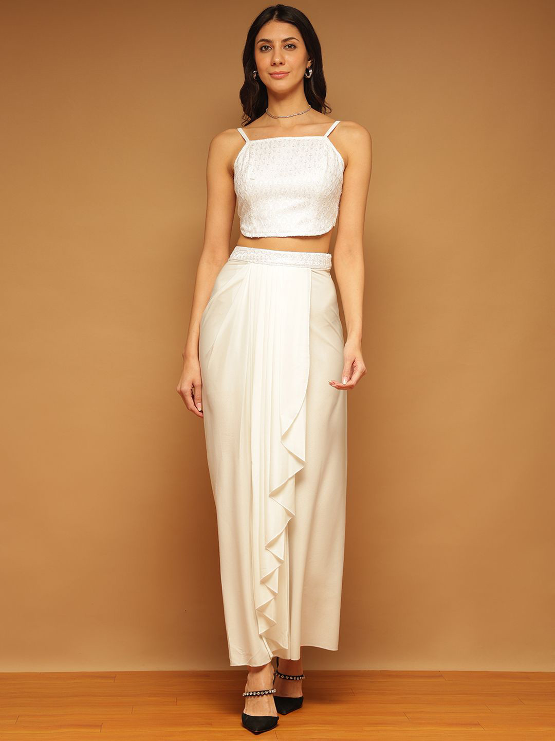 TRYMISFIT Embellished Crop Top & Draped High-Slit Skirt Co-Ord Set