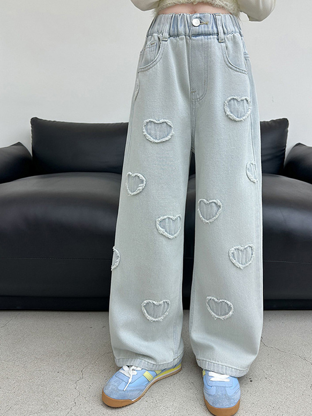 LULU & SKY Girls Wide Leg High-Rise Heart-design Jeans