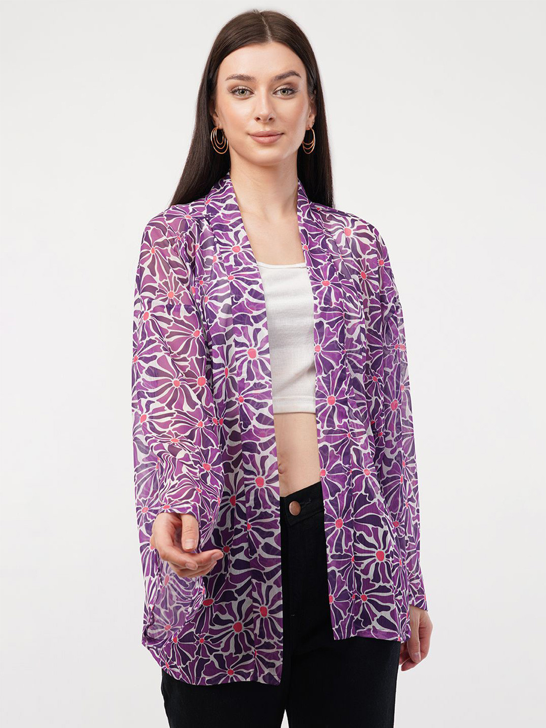 FLY STITCH Floral Printed Longline Chiffon Open Front Shrug