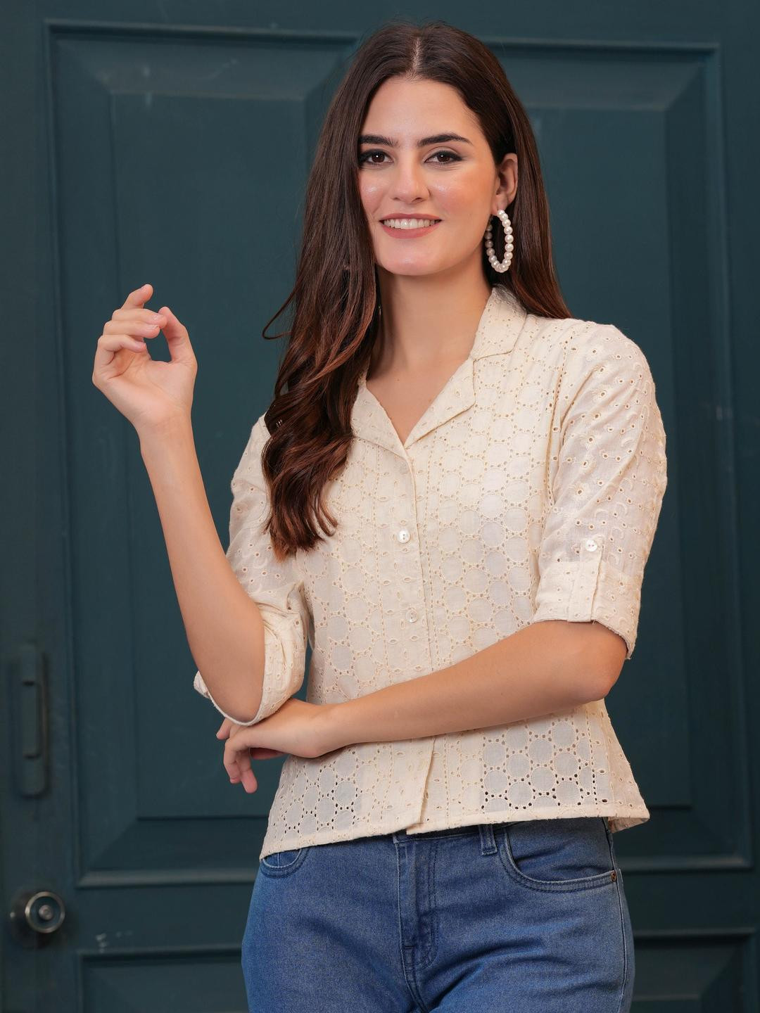 KEIYONA Print Cotton Crop Shirt