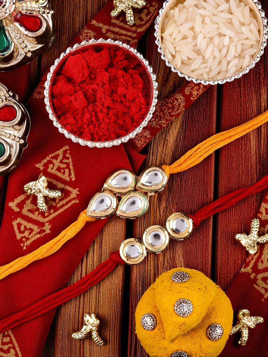 SHONA'S STYLE Kundan Studded Bhaiya Bhabhi Rakhi With Roli Chawal & Card