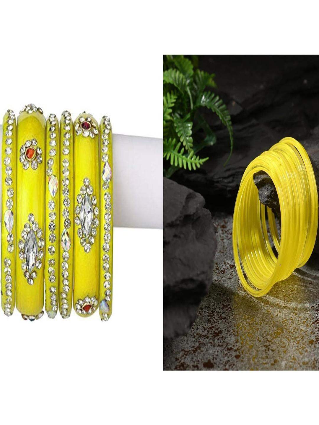 SOMIL Set of 18 Yellow Alloy Artificial Stones & Beads Bangles