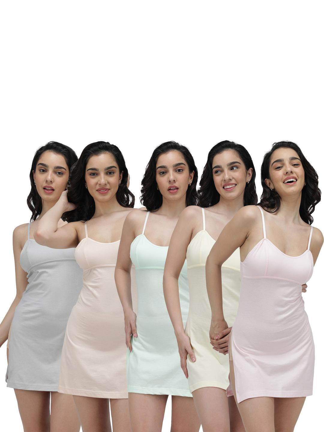Amul Comfy Pack of 5 Cotton Multicolor Plain/Solid Long Slips Adjustable Straps