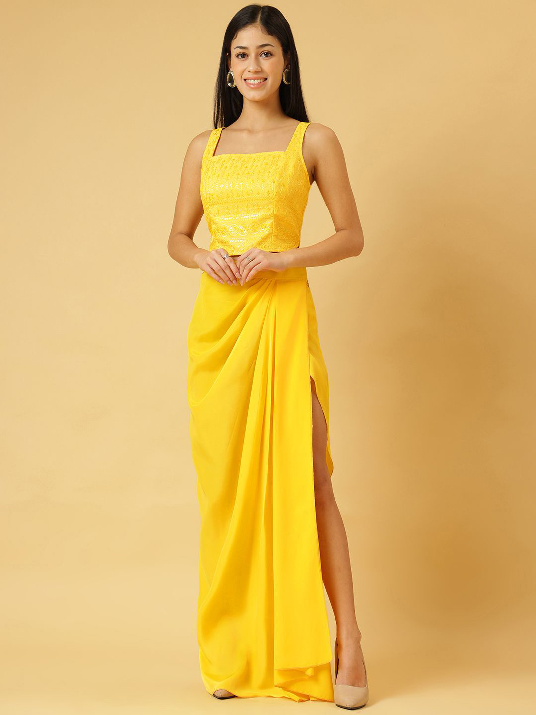TRYMISFIT Embellished Crop Top & Draped Skirt Co-Ord Set