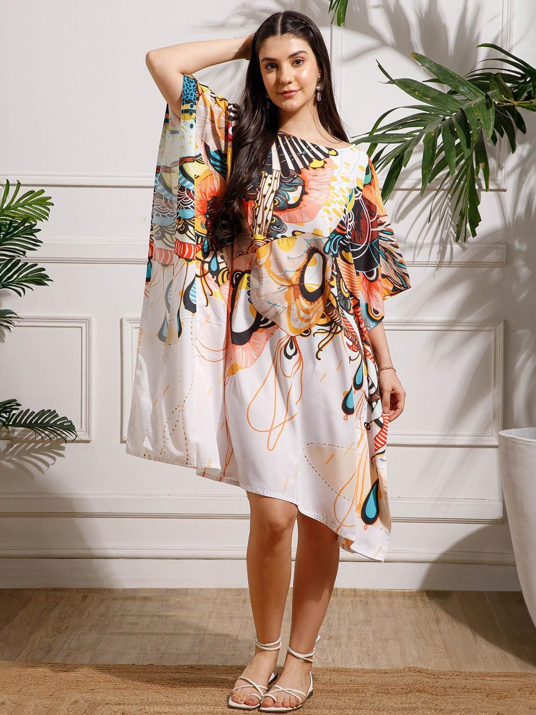 Aditi Wasan Women Printed Boat Neck Kimono Sleeve Chiffon Kaftan Midi Dress