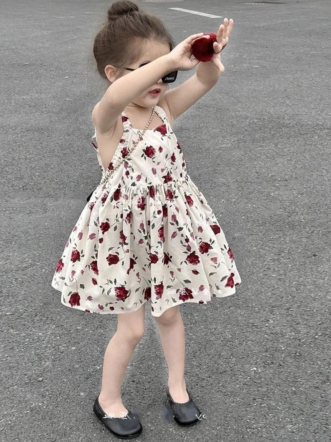 LULU & SKY Girls Floral Printed Shoulder Straps Backless Fit & Flre Dress