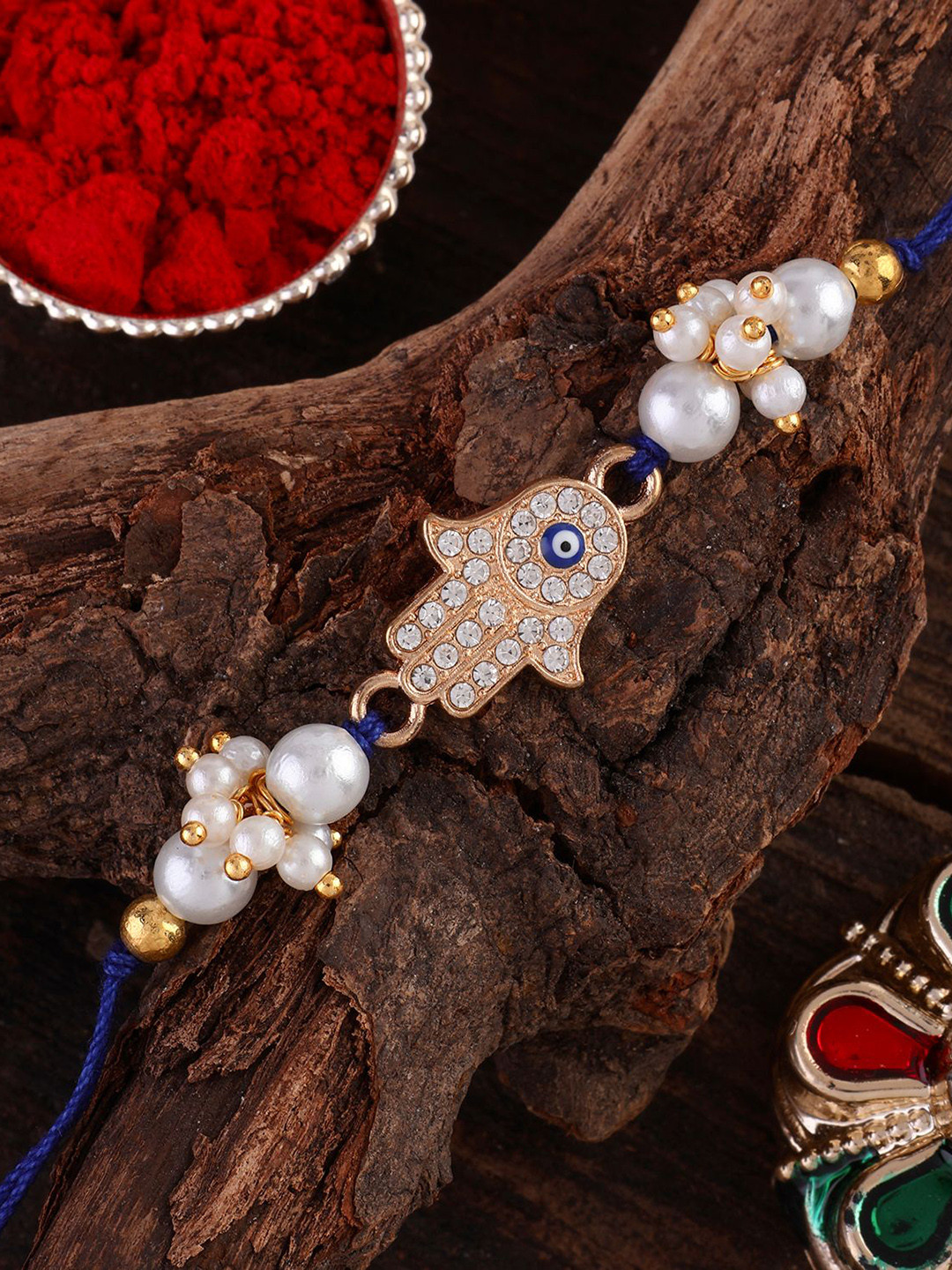SHONA'S STYLE Zircon Studded & Pearls Beaded Hand Evil Eye Thread Rakhi