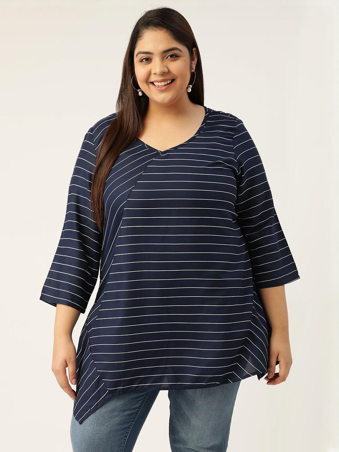 theRebelinme Plus Size Striped Asymmetric Hem Top