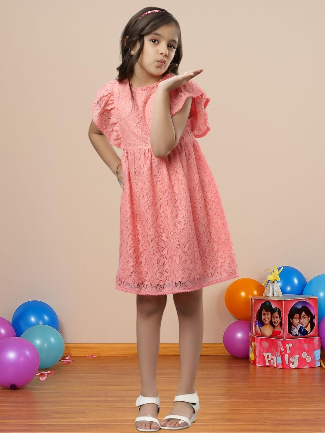 TeenTrums Girls Floral Self Design Flutter Sleeve Ruffled Fit & Flare Dress