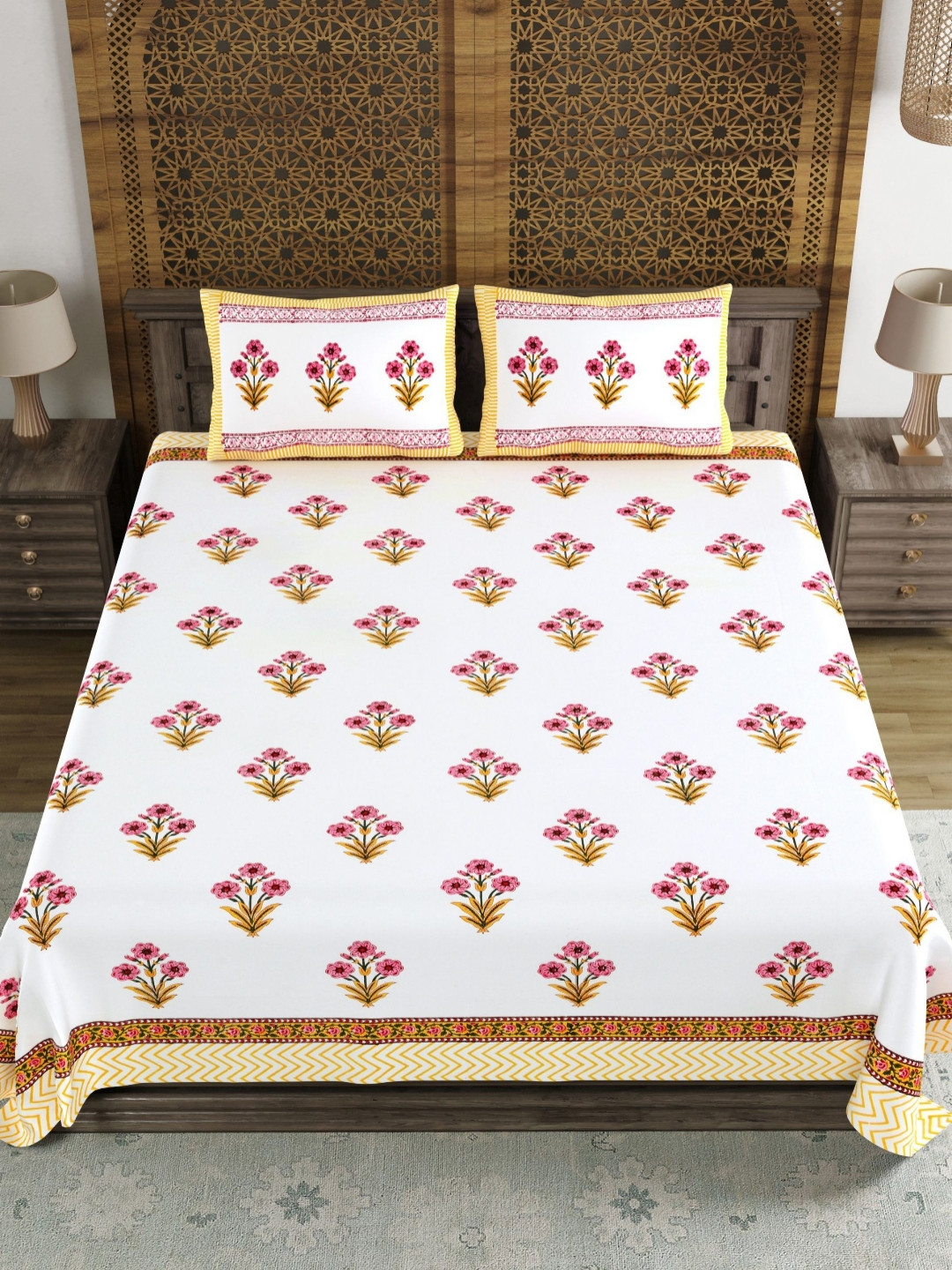 BLOCKS OF INDIA White & Pink Ethnic Motifs Cotton 210 TC King Bedsheet Set-2.74mx2.43m