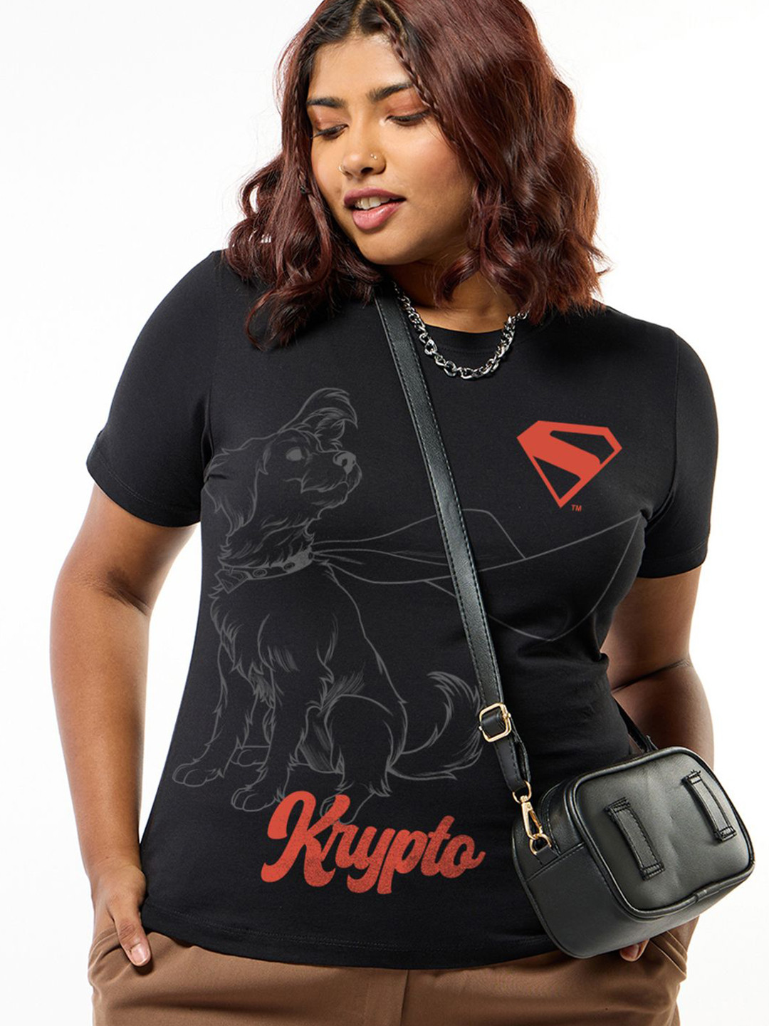 Bewakoof Plus Women Black Official DC Krypto Graphic Printed Plus Size T-shirt